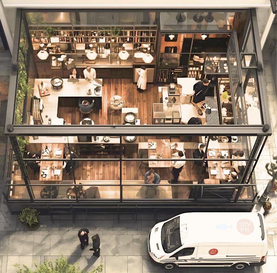 Vue en coupe d'un restaurant, de la salle aux livraisons
